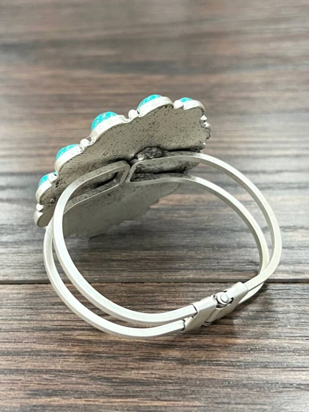 Turquoise Cluster Statement Cuff Bracelet Western Boho Silver Tone Wide - Picture 2 of 3